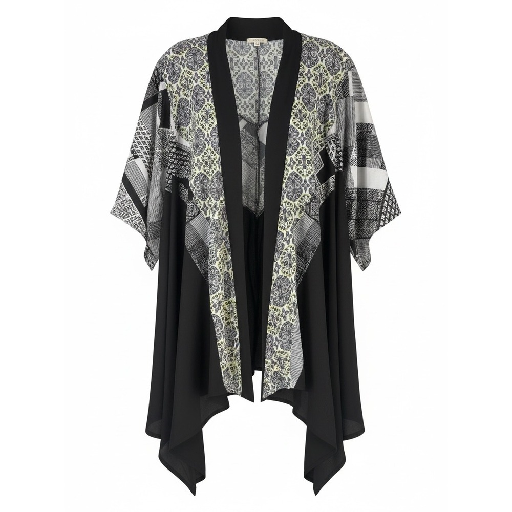 DEPT222 Womens 1X Kimono Wrap Mixed Print Black White Yellow S154527PL